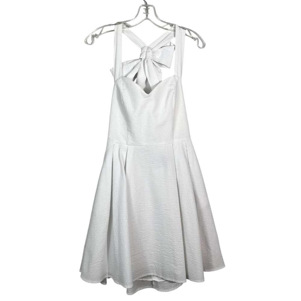 Lauren James White Seersucker Fit & Flare Bow Tie Back Dress Medium M Coquette